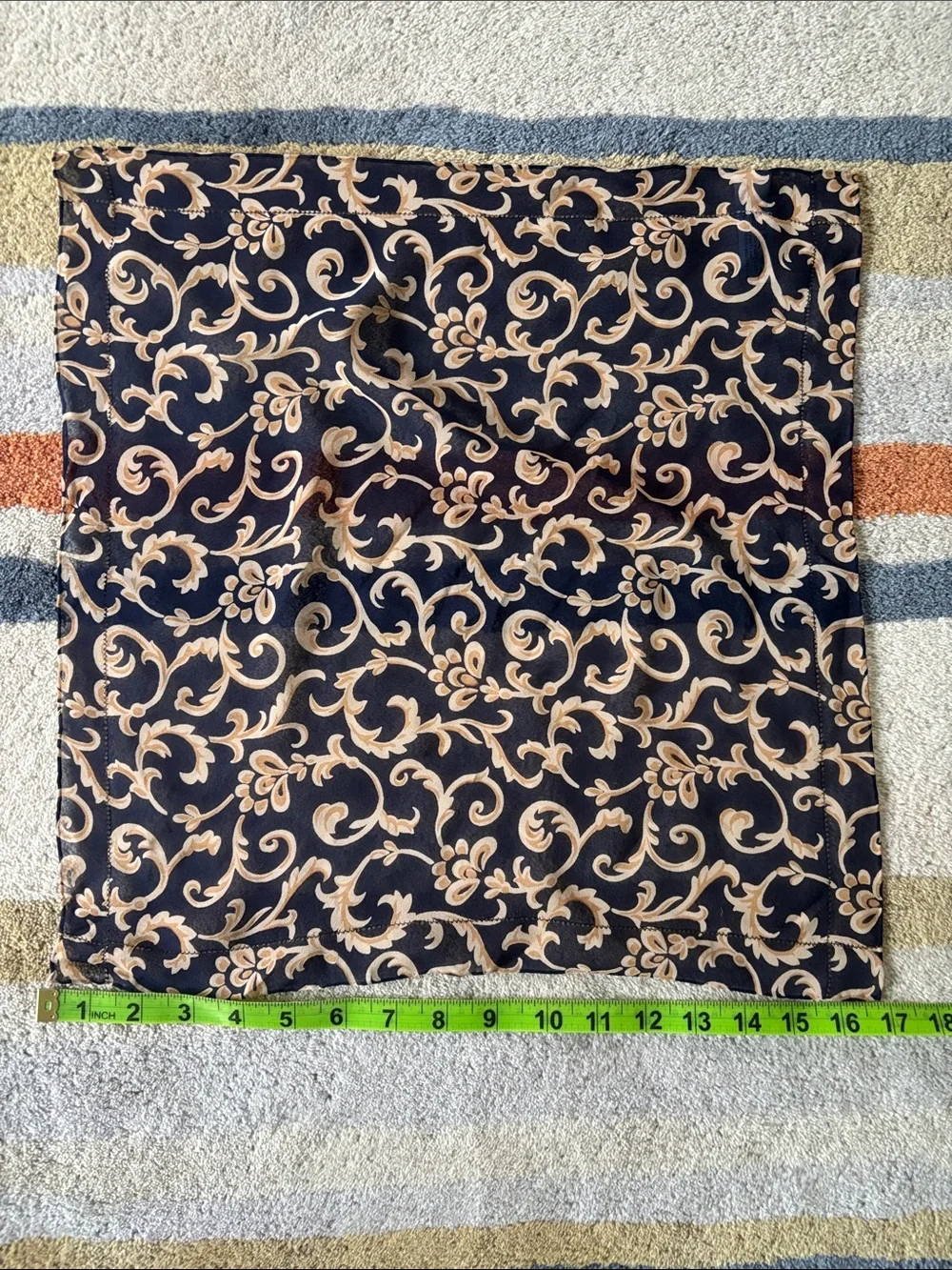 Liz Claiborne Small 100% Silk Black Scarf with Tan Scroll Pattern‎